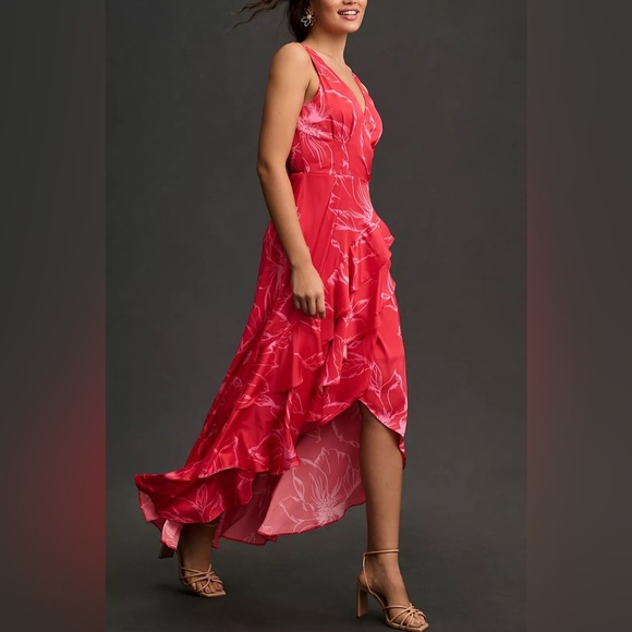 Hutch Anthropologie Ruffle Floral Wrap Dress Size Small In Red Floral Print - Picture 3 of 12